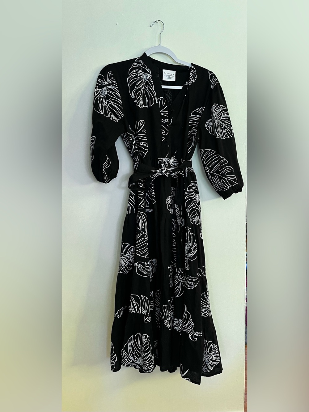Black Leaf-Print Wrap Maxi Dress